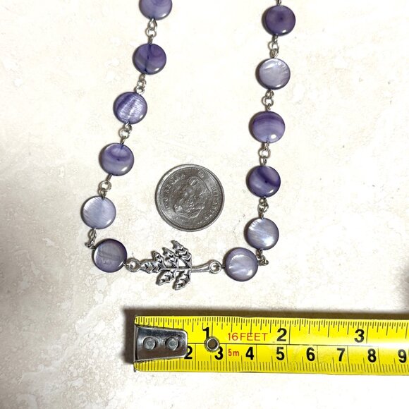 Purple Mother of Pearl Beaded Short Necklace + Silver Leaf Branch Pendant - Picture 11 of 12